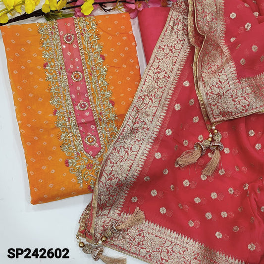 CODE SP242602  : Orange& bright pink bandhini printed pure organza unstitched salwar material, heavy work on yoke(thin fabric, lining needed)matching santoon bottom, pure organza dupatta with floral zari buttas& borders.