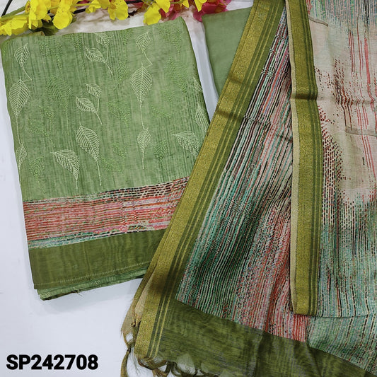 CODE SP242708 : Light pastel green designer premium tussar silk unstitched salwar material, embroidered on front(thin fabric, lining needed)matching santoon bottom, abstract printed premium tussar silk dupatta with tissue border.