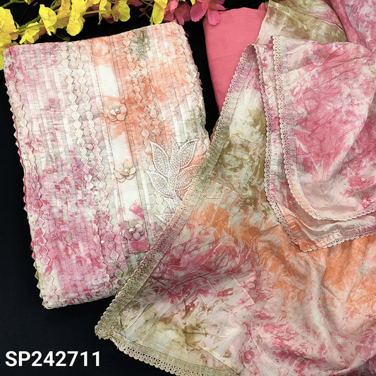 CODE SP242711 : Multi color fancy soft silk cotton unstitched salwar material, fancy buttons on yoke, pintex& sequins work on front(lining needed)pink spun cotton bottom, fancy soft silk cotton dupatta with lace tapings.