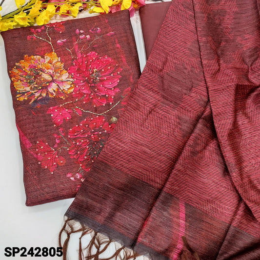 CODE SP242805 : Dark maroon floral printed pure tussar unstitched salwar material, thread& sequins work on front(thin fabric, lining needed)matching santoon bottom, printed tussar silk dupatta with tassels.