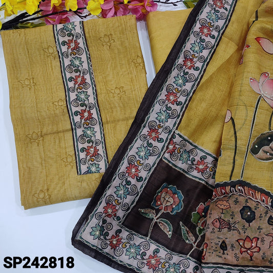 CODE SP242818 : Light mehandhi yellow digital printed silk cotton unstitched salwar material, printed yoke with zari& sequins work(thin fabric, lining needed)matching santoon bottom, digital printed silk cotton dupatta with rich work.