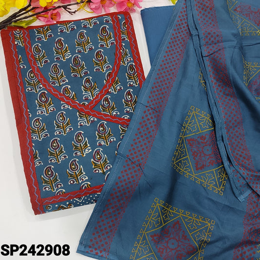 CODE SP242908 : Blue south handloom cotton unstitched salwar material, angraha neck with thread& sequins work, thread woven design all over(lining optional)dark marooncotton bottom, block printed mul cotton duaptta.