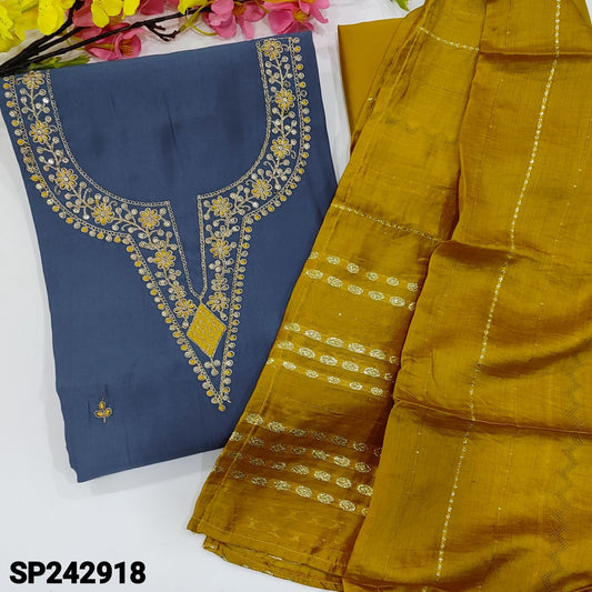 CODE SP242918 : Bluish grey fancy soft silk cotton unstitched salwar material, thread, zari& sequins work on yoke& front(silky fabric, lining needed)mehandhi yellow silk cotton bottom, soft jakard silk dupatta with zari woven sequins work.