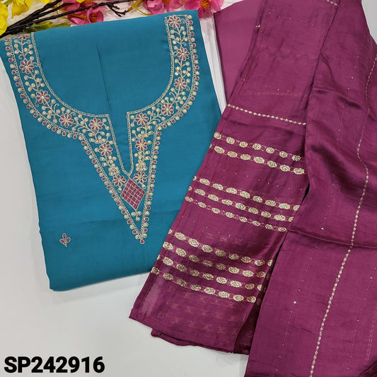 CODE SP242916 : Turquoise blue fancy soft silk cotton unstitched salwar material, thread, zari& sequins work on yoke& front(silky fabric, lining needed)beetroot purple silk cotton bottom, soft jakard silk dupatta with zari woven sequins work.