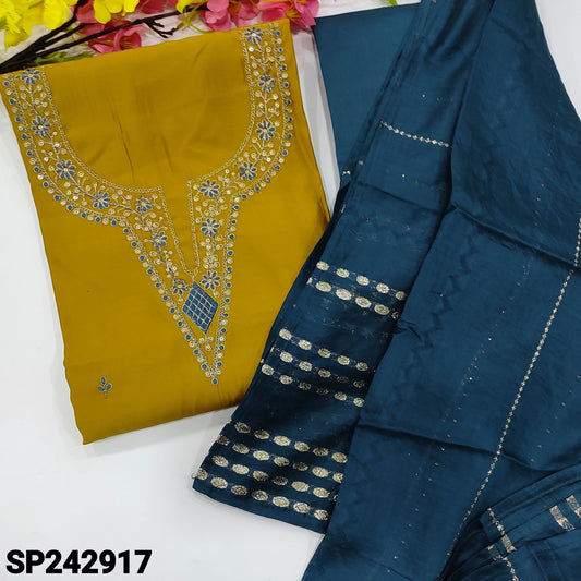 CODE SP242917 : Mehandhi yellow fancy soft silk cotton unstitched salwar material, thread, zari& sequins work on yoke& front(silky fabric, lining needed)dark bluish grey silk cotton bottom, soft jakard silk dupatta with zari woven sequins work.