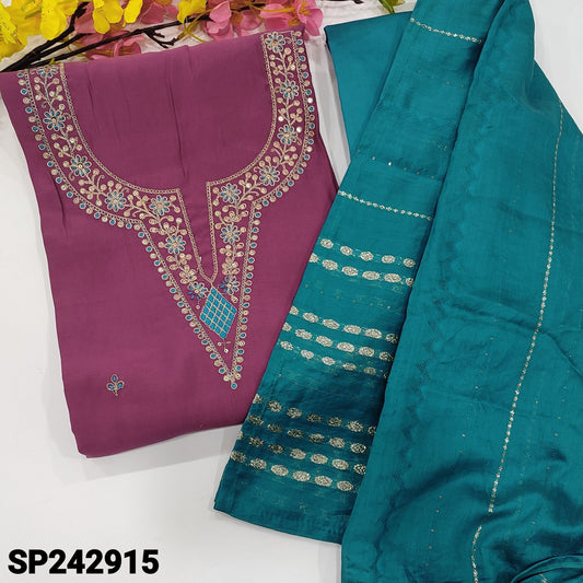 CODE SP242915 : Dark beetroot purple fancy soft silk cotton unstitched salwar material, thread, zari& sequins work on yoke& front(silky fabric, lining needed)turquoise blue silk cotton bottom, soft jakard silk dupatta with zari woven sequins work.