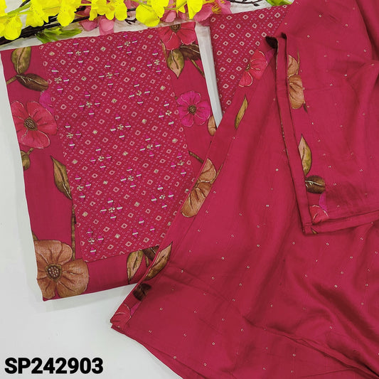 CODE SP242903 : Bright pink floral printed liquid fabric unstitched salwar material, real mirror work on yoke(lining optional)printed bottom, soft fancy silk cotton dupatta with sequins work& tapings.