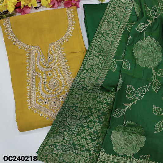 CODE OC240218  :  Mehandhi yellow designer pure maslin silk unstitched salwar material, rich zari& sequins work on yoke(silky fabric, lining needed)dark green silky bottom, pure maslin silk dupatta with weaving& zari borders.