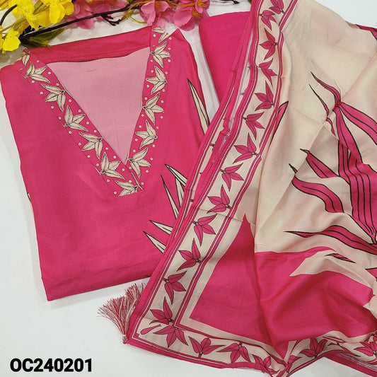 CODE OC240201 : Bright pink designer digital printed russian silk unstitched salwar material, v neck with zardozi& sequins work(thin fabric, lining needed)matching santoon bottom, printed russian silk short width dupatta