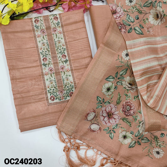 CODE OC240203 : Pastel peach sobar printed semi tussar unstitched salwar material, floral printed yoke with sequins work, self woven design all over(thin, lining needed)floral printed daman, matching siky bottom, digital printed semi tussar dupatta.