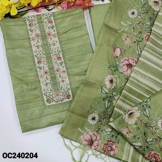 CODE OC240204 : Cardamom green sobar printed semi tussar unstitched salwar material, floral printed yoke with sequins work, self woven design all over(thin, lining needed)floral printed daman, matching siky bottom, digital printed semi tussar dupatta.