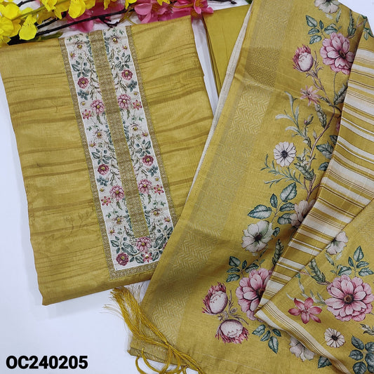 CODE OC240205 : Mehandhi yellow sobar printed semi tussar unstitched salwar material, floral printed yoke with sequins work, self woven design all over(thin, lining needed)floral printed daman, matching siky bottom, digital printed semi tussar dupatta.