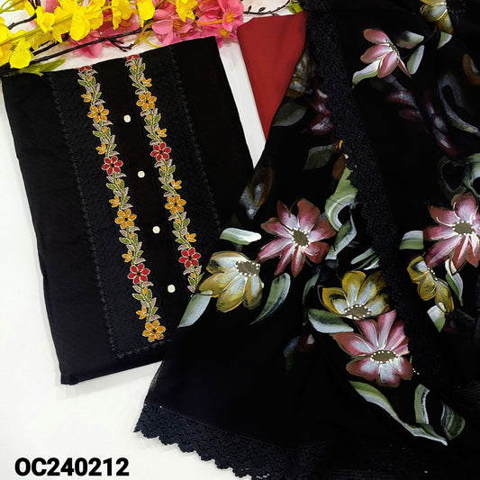 CODE OC240212 : Black jakard cotton unstitched salwar material, embroidered, fancy buttons& lace work on yoke(lining optional)rich daman, dark maroon cotton bottom, brush printed fancy chiffon dupatta with lace tapings.