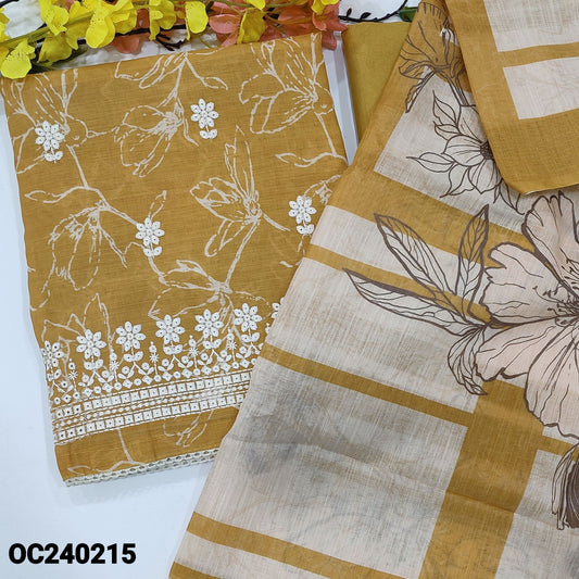 CODE OC240215 : Fenugreek yellow printed semi linen unstitched salwar material, embroidered on front(thin fabric, lining needed)matching santoon bottom, printed semi linen dupatta.