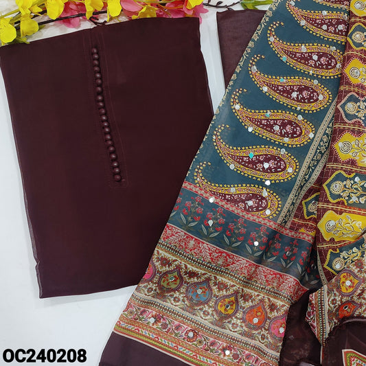 CODE OC240208 : Dark maroon semi georgette unstitched salwar material, potli buttons on yoke(thin fabric, lining needed)matching silky fabric provided for both bottom& lining, abstract printed semi georgette dupatta with real mirror work.