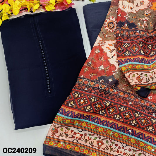 CODE OC240209 : Navy blue semi georgette unstitched salwar material, potli buttons on yoke(thin fabric, lining needed)matching silky fabric provided for both bottom& lining, abstract printed semi georgette dupatta with real mirror work.