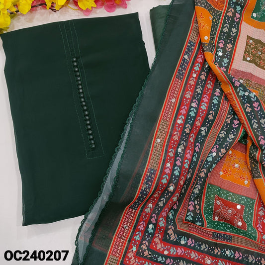 CODE OC240207 : Bottle green semi georgette unstitched salwar material, potli buttons on yoke(thin fabric, lining needed)matching silky fabric provided for both bottom& lining, abstract printed semi georgette dupatta with real mirror work.