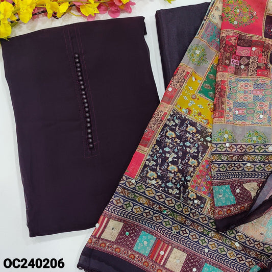 CODE OC240206 : Deep wine purple semi georgette unstitched salwar material, potli buttons on yoke(thin fabric, lining needed)matching silky fabric provided for both bottom& lining, abstract printed semi georgette dupatta with real mirror work.