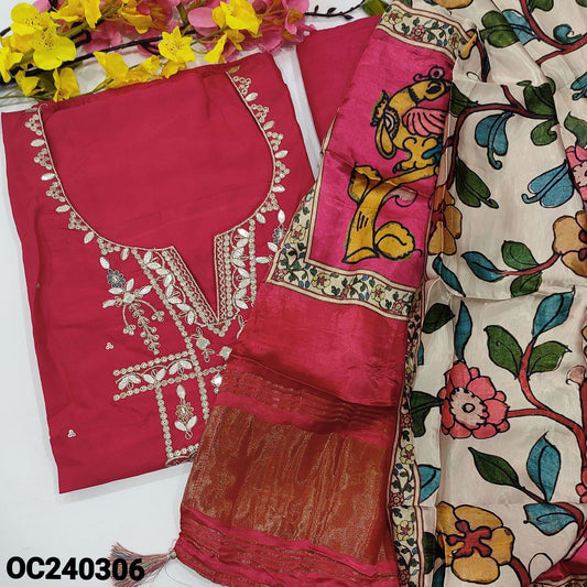 CODE OC240306 : Bright pink pure dola silk unstitched salwar material, rich work on yoke, sequins work on front(shiny fabric, lining needed)matching santoon bottom, floral printed short width pure gajji silk dupatta with gold tissue pallu.