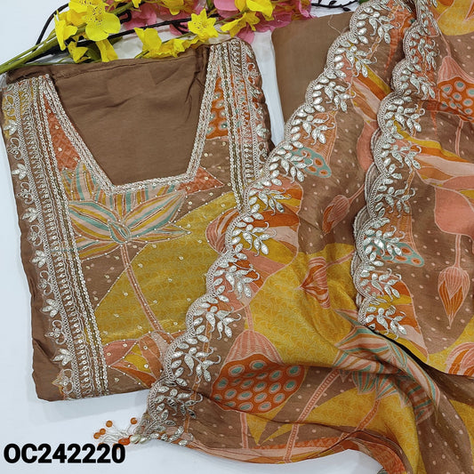 CODE OC242220 : Light chocolate brown pure dola silk unstitched salwar material(shiny, lining needed)heavy kota patch work on daman, matching santoon bottom, digital printed pure tissue organza silk short with dupatta with kota patch& scallop edges.