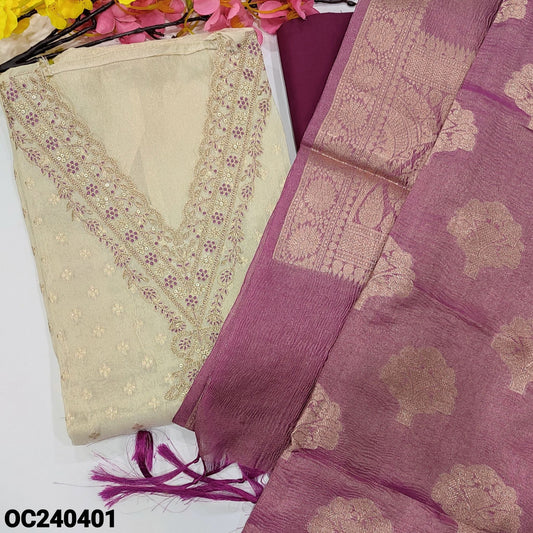 CODE OC240401 : Rich beige with golden tint designer pure tissue organza silk unstitched salwar material, v neck with zari& sequins work, zari buttas on front(linin needed)dark purple silk cotton bottom, crinkled tissue silk cotton dupatta.