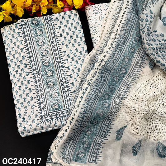 CODE OC240417 : White base pure mul cotton unstitched salwar material(thin fabric, lining needed)block printed pure mul cotton bottom, block printed pure mul cotton dupatta with crochet lace work.