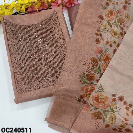 CODE OC240511 : Light pink with golden tint tissue silk cotton unstitched salwar material, heavy bead work on yoke(thin fabric, lining needed)matching silky bottom, floral printed tissue silk cotton dupatta.