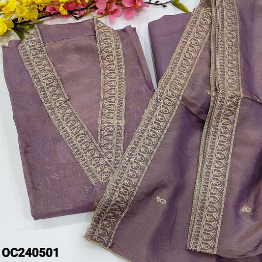 CODE OC240501 : Purple with golden tint designer jakard tissue organza unstitched salwar material, collared v neck with zari& sequins work on yoke(thin fabric, lining needed)matching santoon bottom, tissue organza silk dupatta with zari work.