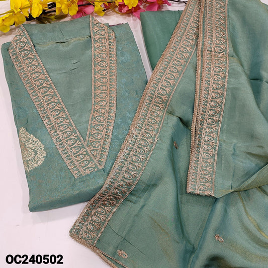 CODE OC240502 : Pastel blue with golden tint designer jakard tissue organza unstitched salwar material, collared v neck with zari& sequins work on yoke(thin fabric, lining needed)matching santoon bottom, tissue organza silk dupatta with zari work.