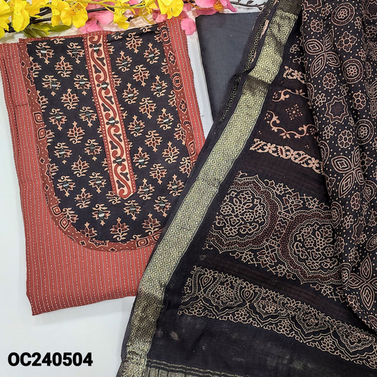 CODE OC240504 : Maroon pure kantha cotton unstitched salwar material, ajrak yoke with real mirror work(lining optional)black cotton bottom, ajrak block printed pure cotton dupatta with gold zari borders(REQUIRES TAPINGS).