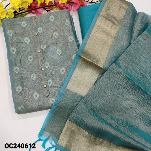 CODE OC240612 : Light turquoise blue with golden tint tissue silk cotton unstitched salwar material, fancy buttons on yoke, zari buttas on front(thin, lining needed)matching silk cotton bottom, crinkled tissue silk cotton dupatta with zari borders.