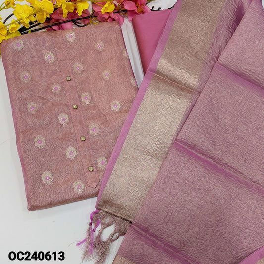 CODE OC240613 : Light pink with golden tint tissue silk cotton unstitched salwar material, fancy buttons on yoke, zari& thread buttas on front(thin, lining needed)matching silk cotton bottom, crinkled tissue silk cotton dupatta with zari borders.