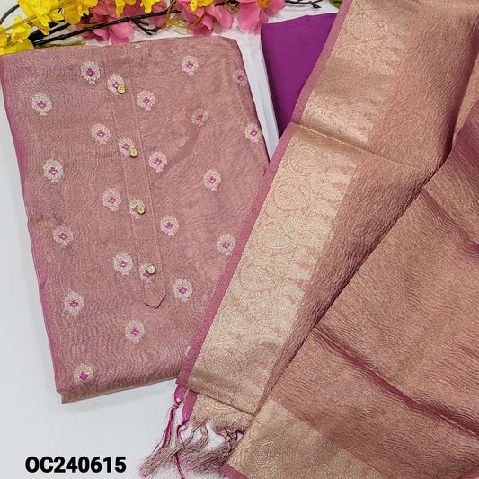 CODE OC240615 : Purplish pink with golden tint tissue silk cotton unstitched salwar material, fancy buttons on yoke, zari& thread buttas on front(thin, lining needed)matching silk cotton bottom, crinkled tissue silk cotton dupatta with zari borders.