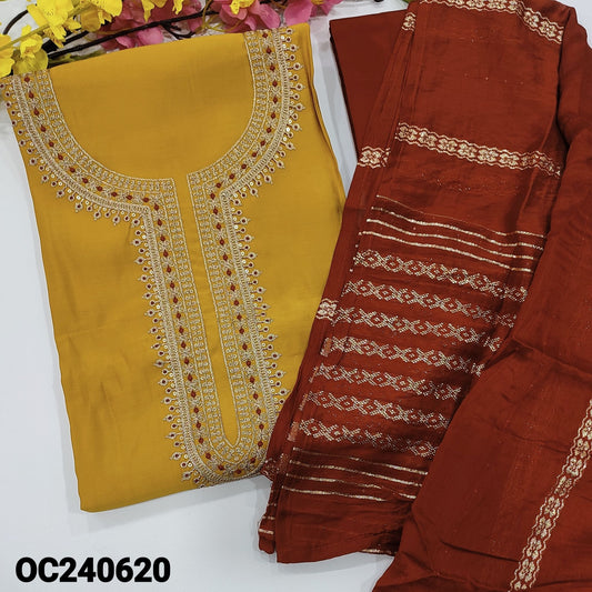 CODE OC240620 : Mehandhi yellow silk cotton unstitched salwar material, rich zari& sequins work on yoke(lining needed)brick red silky bottom, fancy soft silk cotton dupatta with sequins &zari woven design.