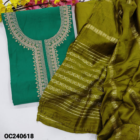 CODE OC240618 : Turquoise green silk cotton unstitched salwar material, rich zari& sequins work on yoke(lining needed)mossy green silky bottom, fancy soft silk cotton dupatta with sequins &zari woven design.