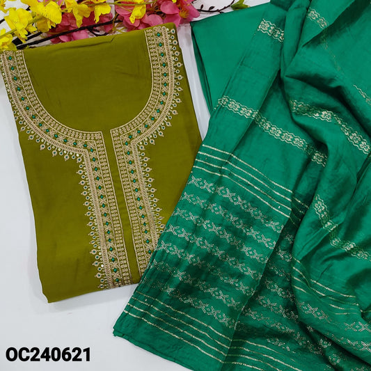 CODE OC240621 : Mossy green silk cotton unstitched salwar material, rich zari& sequins work on yoke(lining needed)turquoise green silky bottom, fancy soft silk cotton dupatta with sequins &zari woven design.