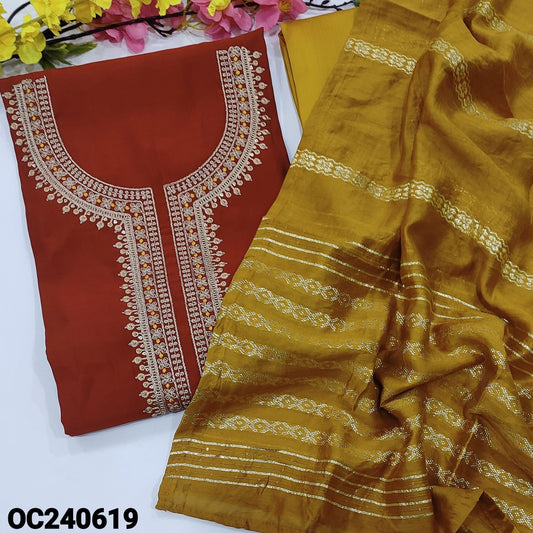 CODE OC240619 : Brick red  silk cotton unstitched salwar material, rich zari& sequins work on yoke(lining needed)mehandhi yellow silky bottom, fancy soft silk cotton dupatta with sequins &zari woven design.