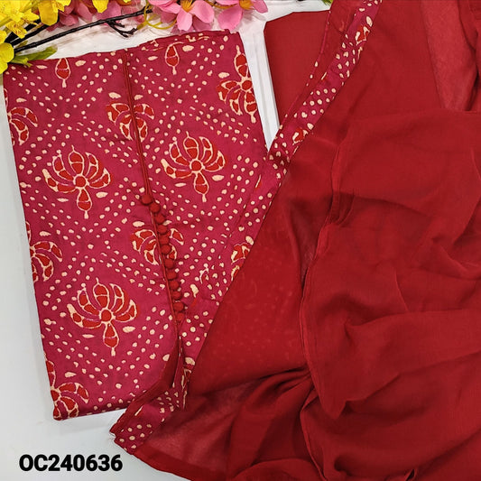 CODE OC240636 : Dark pink printed satin cotton unstitched salwar material, potli buttons on yoke(lining optional)reddish maroon cotton bottom, plain fancy chiffon dupatta with tapings.