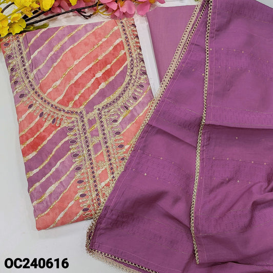 CODE OC240616 : Pink &purple lehariya printed modal maslin unstitched salwar material, rich zari, sequins& thread work on yoke(lining optional)matching cotton bottom, soft jakard silk dupatta with self woven desging& sequins work.