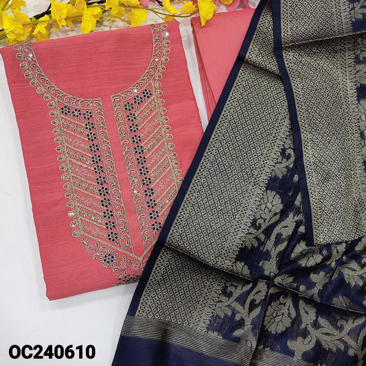 CODE OC240610 : Bright pink slub silk cotton unstitched salwar material, rich zari& sequins work on yoke(thin fabric, lining needed)matching silk cotton bottom, banarasi zari woven dupatta with tassels.