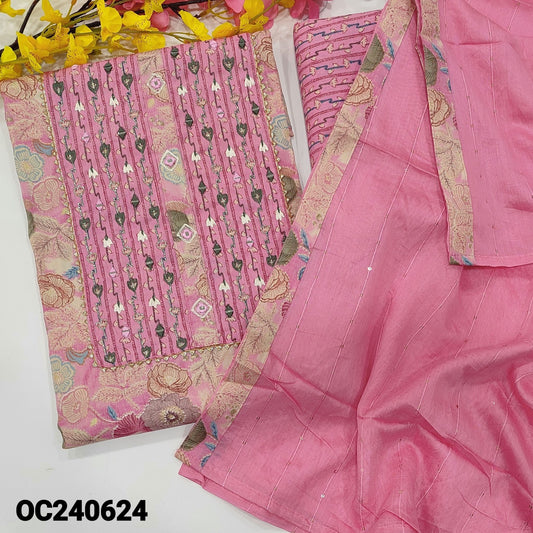 CODE OC240624 : Pink floral printed liquid fabric unstitched salwar material, zari& real mirror work on yoke(lining optional)printed liquid fabric bottom, fancy soft silk cotton dupatta with sequins &tapings.