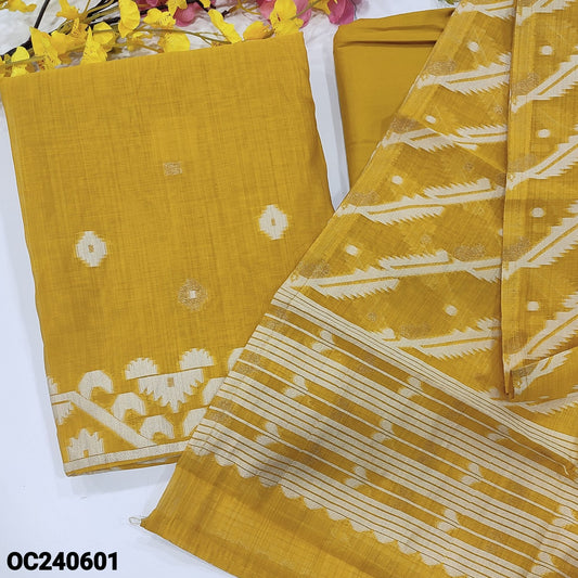 CODE OC240601 : Bright mehandhi yellow jamdani woven premium soft silk cotton unstitched salwar material(thin fabric, lining needed)matching spun cotton bottom, jamdani woven premium silk cotton dupatta.