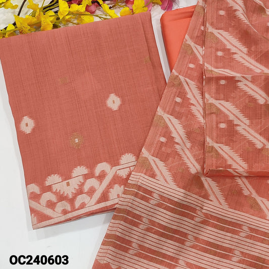 CODE OC240603 : Peachish pink jamdani woven premium soft silk cotton unstitched salwar material(thin fabric, lining needed)matching spun cotton bottom, jamdani woven premium silk cotton dupatta.