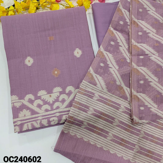 CODE OC240602 : Light purple jamdani woven premium soft silk cotton unstitched salwar material(thin fabric, lining needed)matching spun cotton bottom, jamdani woven premium silk cotton dupatta.