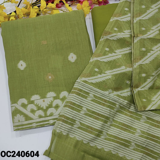 CODE OC240604 : Tender leaf green jamdani woven premium soft silk cotton unstitched salwar material(thin fabric, lining needed)matching spun cotton bottom, jamdani woven premium silk cotton dupatta.