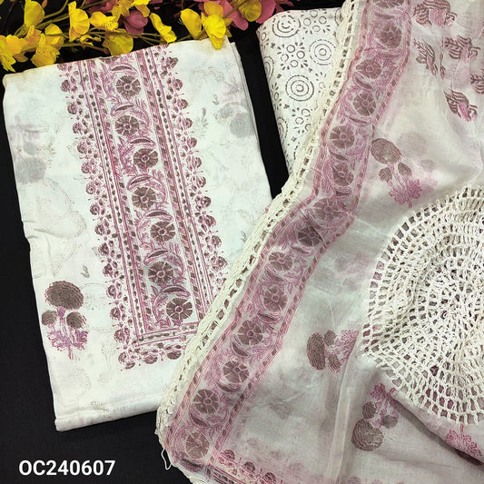 CODE OC240607 : Half white base GREY block printed pure soft cotton unstitched salwar material(lining needed)block printed pure cotton dupatta, block printed pure mul cotton dupatta with crochet lace work.