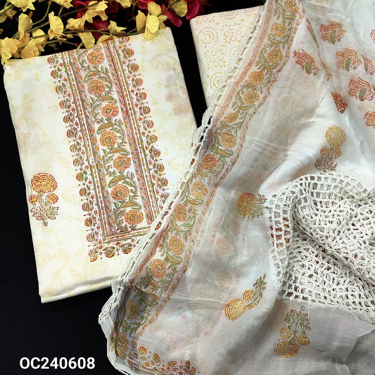 CODE OC240608 : Half white base YELLOW block printed pure soft cotton unstitched salwar material(lining needed)block printed pure cotton dupatta, block printed pure mul cotton dupatta with crochet lace work.