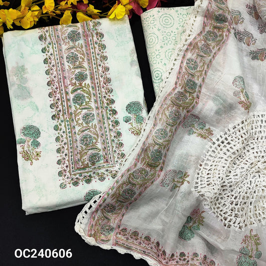 CODE OC240606 : Half white base GREEN block printed pure soft cotton unstitched salwar material(lining needed)block printed pure cotton dupatta, block printed pure mul cotton dupatta with crochet lace work.