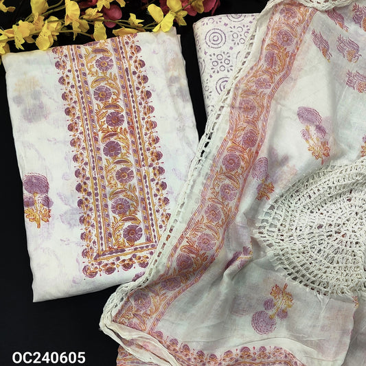 CODE OC240605 : Half white base PURPLE block printed pure soft cotton unstitched salwar material(lining needed)block printed pure cotton dupatta, block printed pure mul cotton dupatta with crochet lace work.