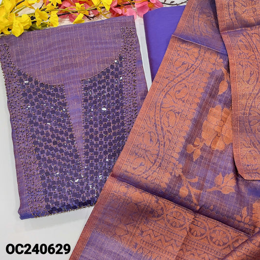 CODE OC240629 : Purple with golden tint tissue silk cotton unstitched salwar material, bead& sequins work on yoke(thin, lining needed)matching silk cotton bottom,soft tissue silk cotton dupatta with copper zari woven design.